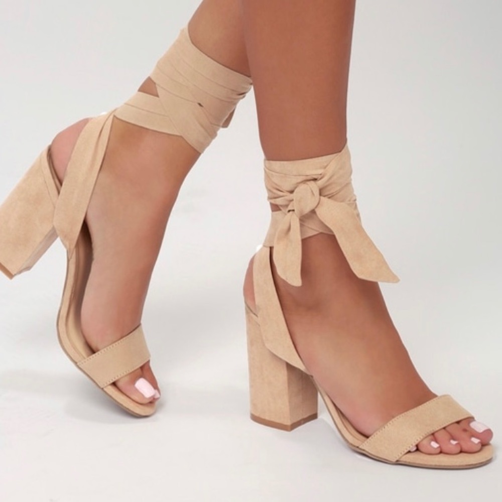Lulus neutral suede lace up heels!